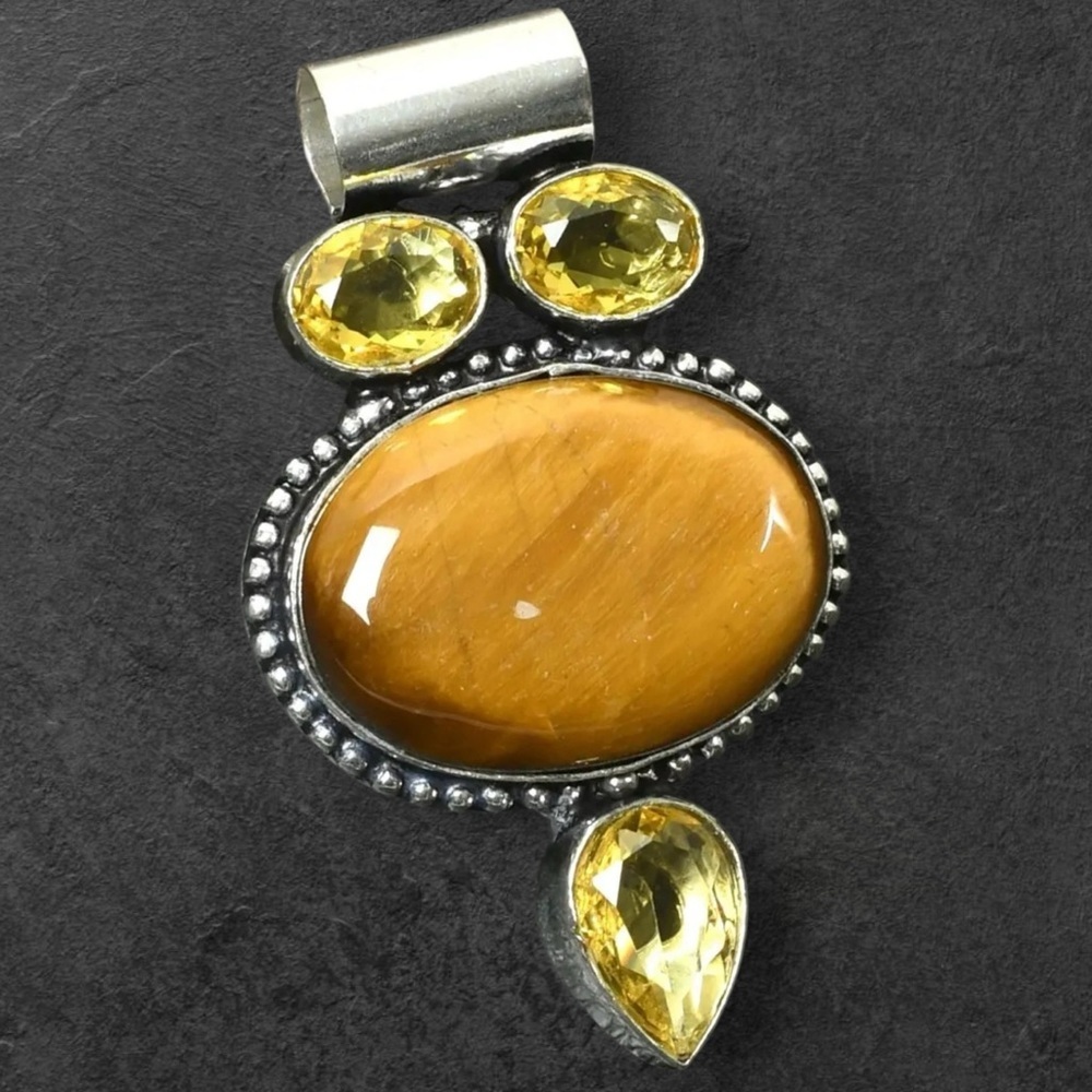 Artisan Hand Crafted Golden Tiger Eye and Citrine Silver Pendant